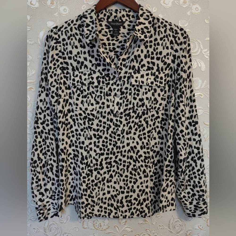 100% Silk White House Black Market Leopard Print Blouse - Size 8